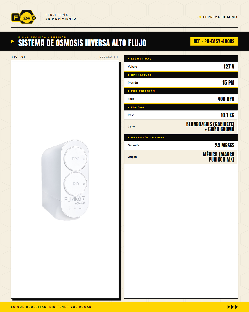 Sistema de Ósmosis Inversa 400 GPD PURIKOR — Compacto sin Tanque · specs