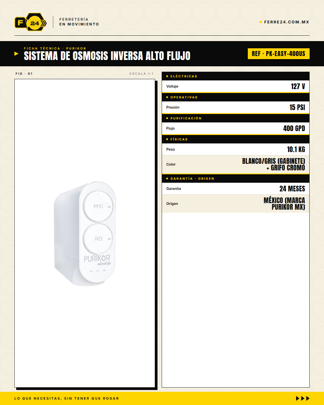 Sistema de Ósmosis Inversa 400 GPD PURIKOR — Compacto sin Tanque · specs