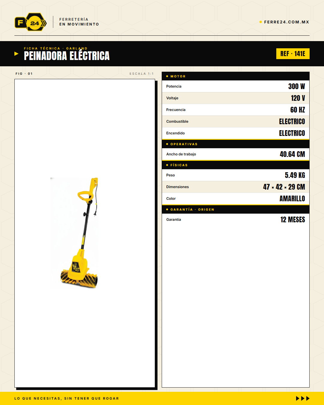 Peinadora Eléctrica 300 W para Pasto Sintético Roll & Comb 141E · specs