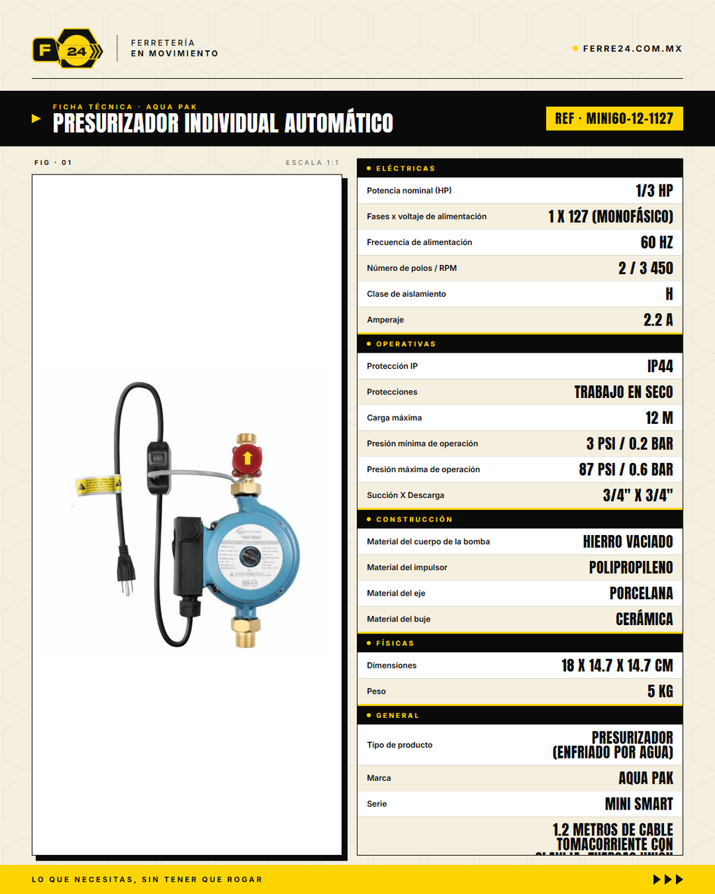 Presurizador Individual Automático AQUA PAK MINI60-12 — Serie MINI SMART, 60 lpm, 1/3 HP, 127 V · specs
