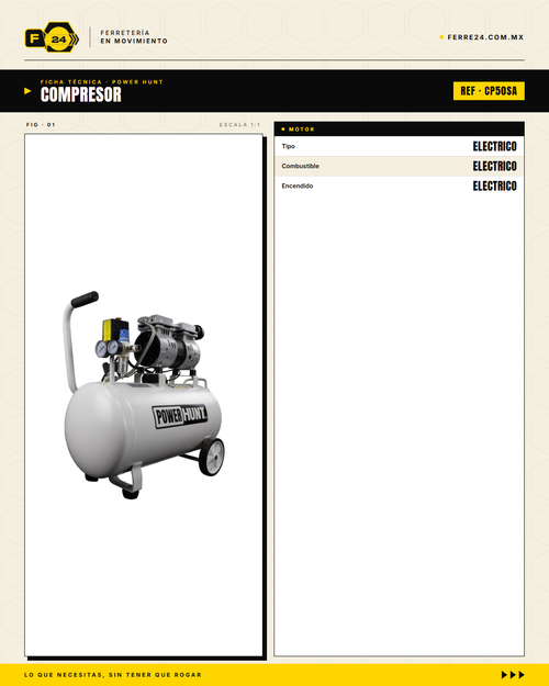 Compresor Power Hunt 50 L — Libre de Aceite, Doble Conexión Rápida · specs
