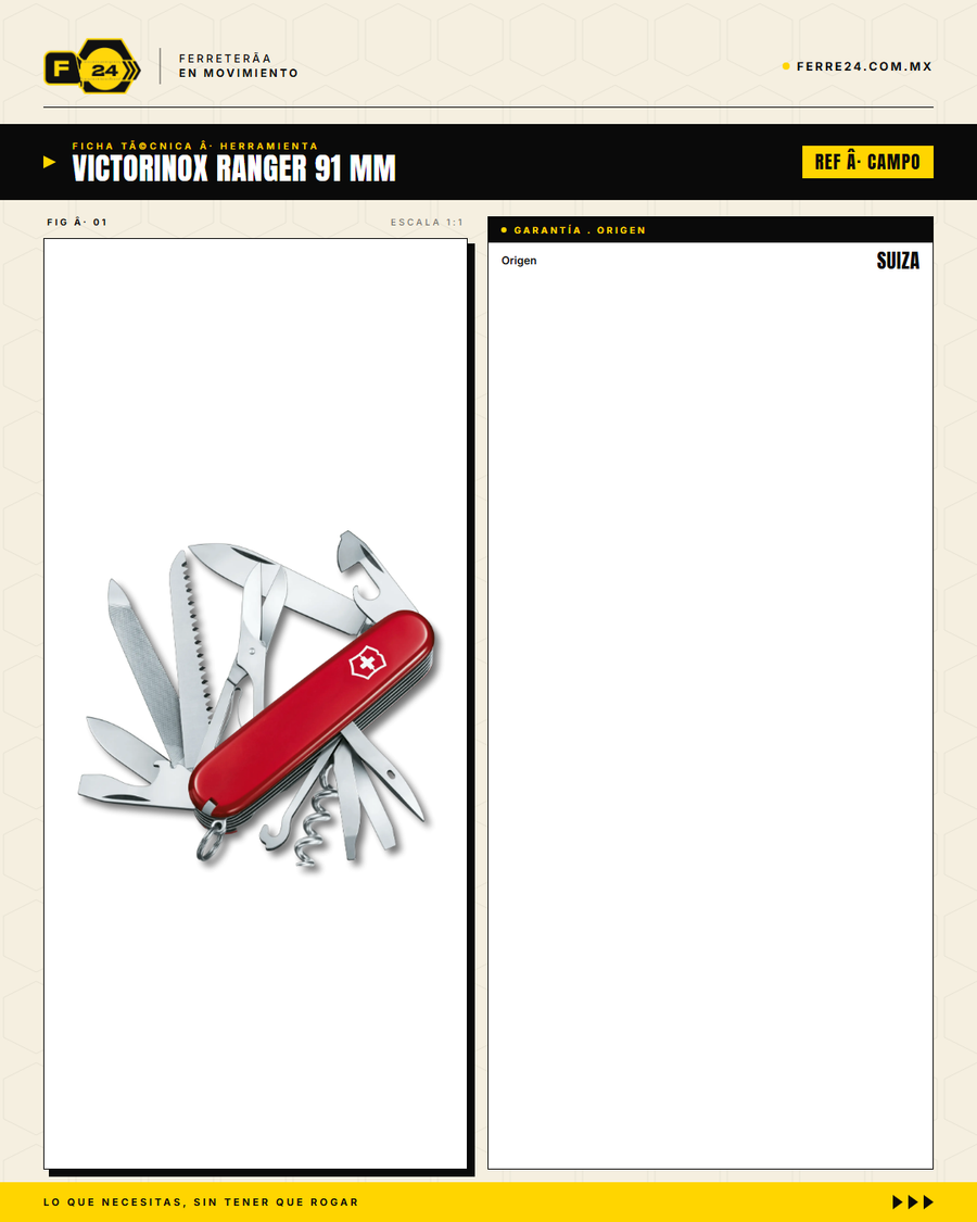 Victorinox Ranger 91mm — Navaja Multiusos 21 Funciones Roja — ficha técnica