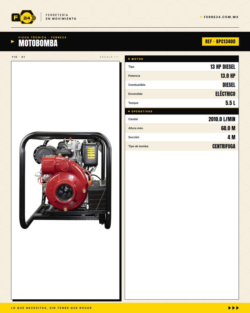 Motobomba Diésel Centrífuga 13 HP — 4", 2,010 L/min · specs