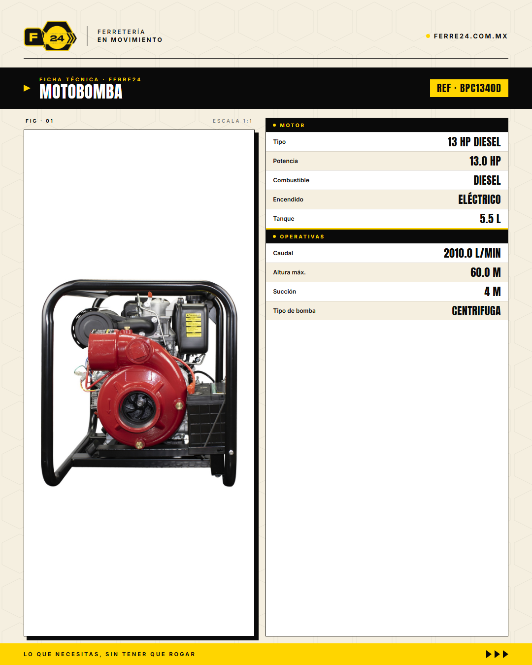 Motobomba Diésel Centrífuga 13 HP — 4", 2,010 L/min · specs