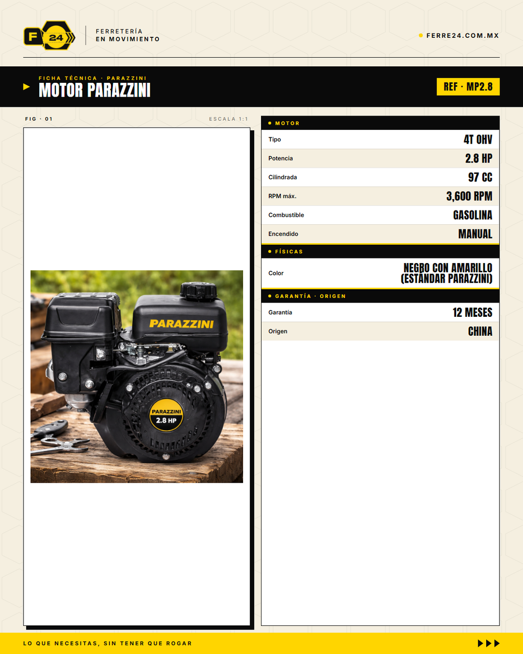 Motor Parazzini 2.8 HP / 97cc — 4 Tiempos OHV · specs