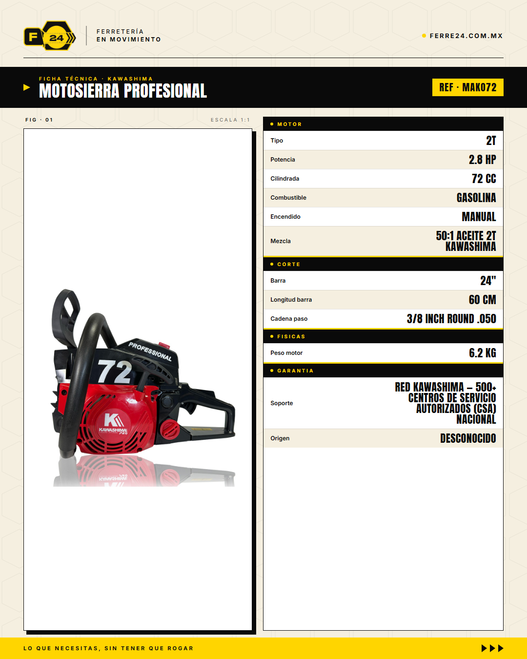 Kit 2 Motosierras Kawashima Pro MAKO72 — 72cc, Barra 24" · specs