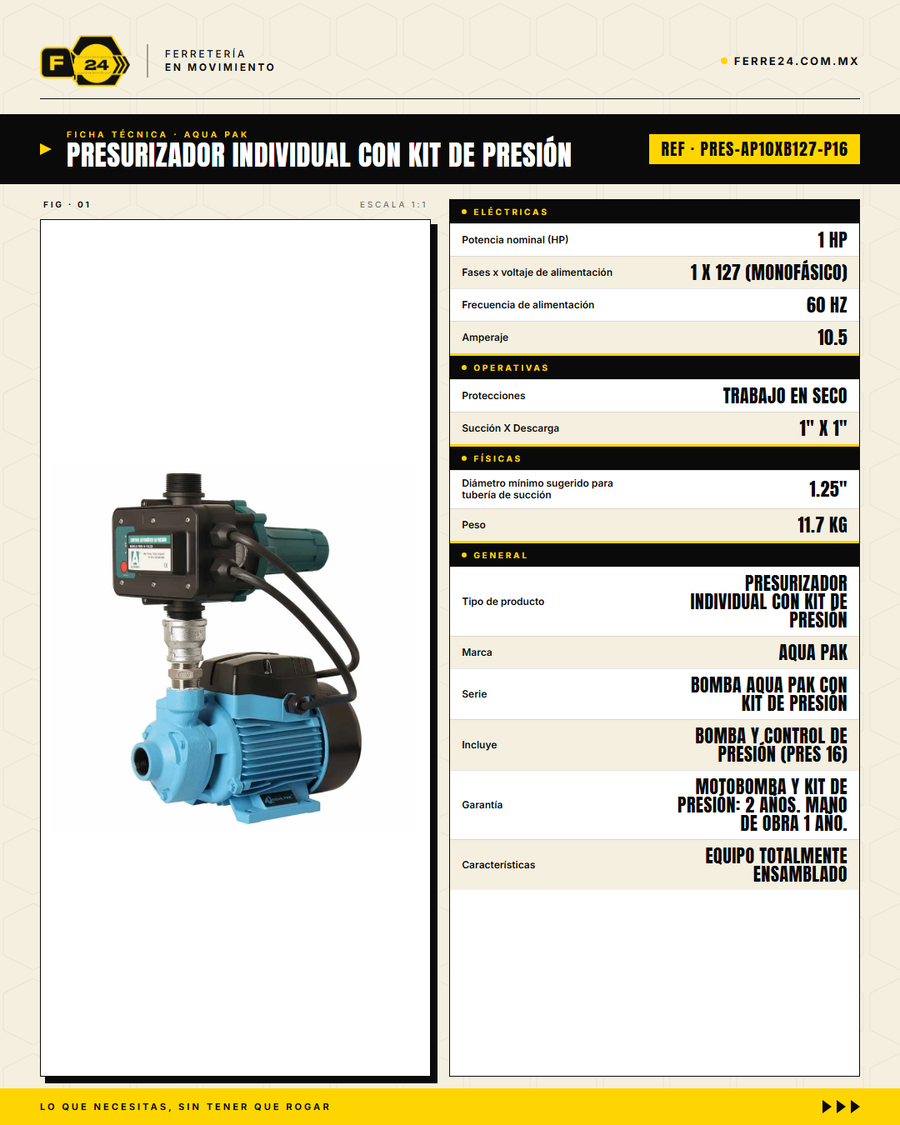 Presurizador Individual AQUA PAK con Kit de Presión PRES-AP10XB127-P16 — 1 HP Monofásico 127 V · specs
