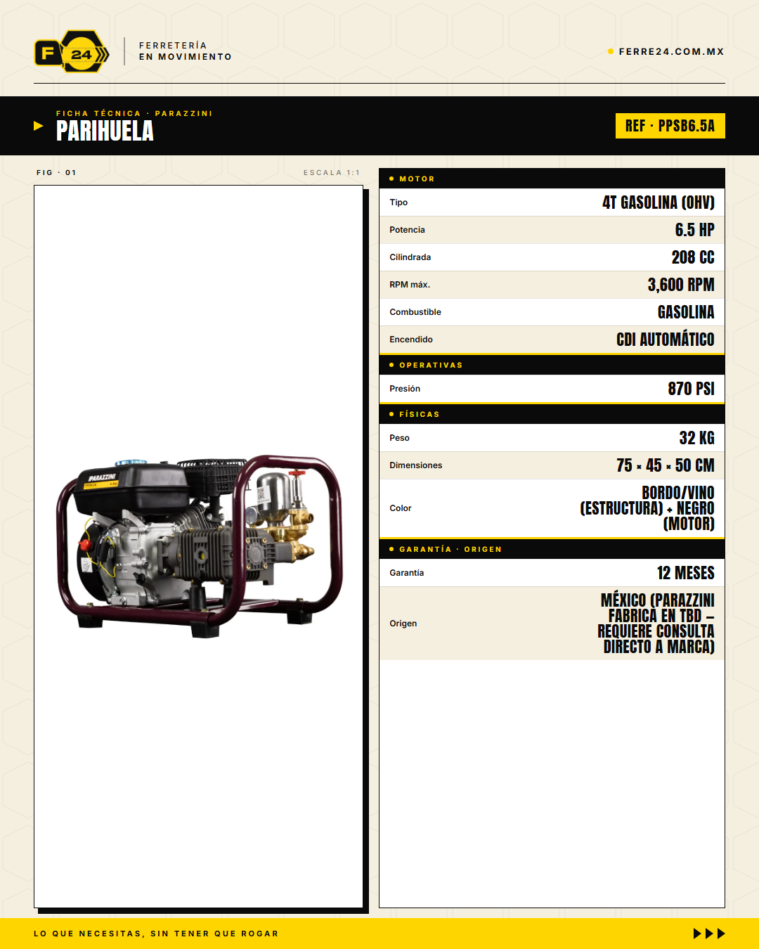 Aspersora Motorizada 6.5 HP Transmisión Directa — Parazzini PPSB6.5A · specs