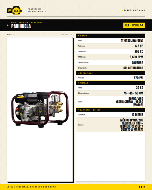 Aspersora Motorizada 6.5 HP Transmisión Directa — Parazzini PPSB6.5A · specs