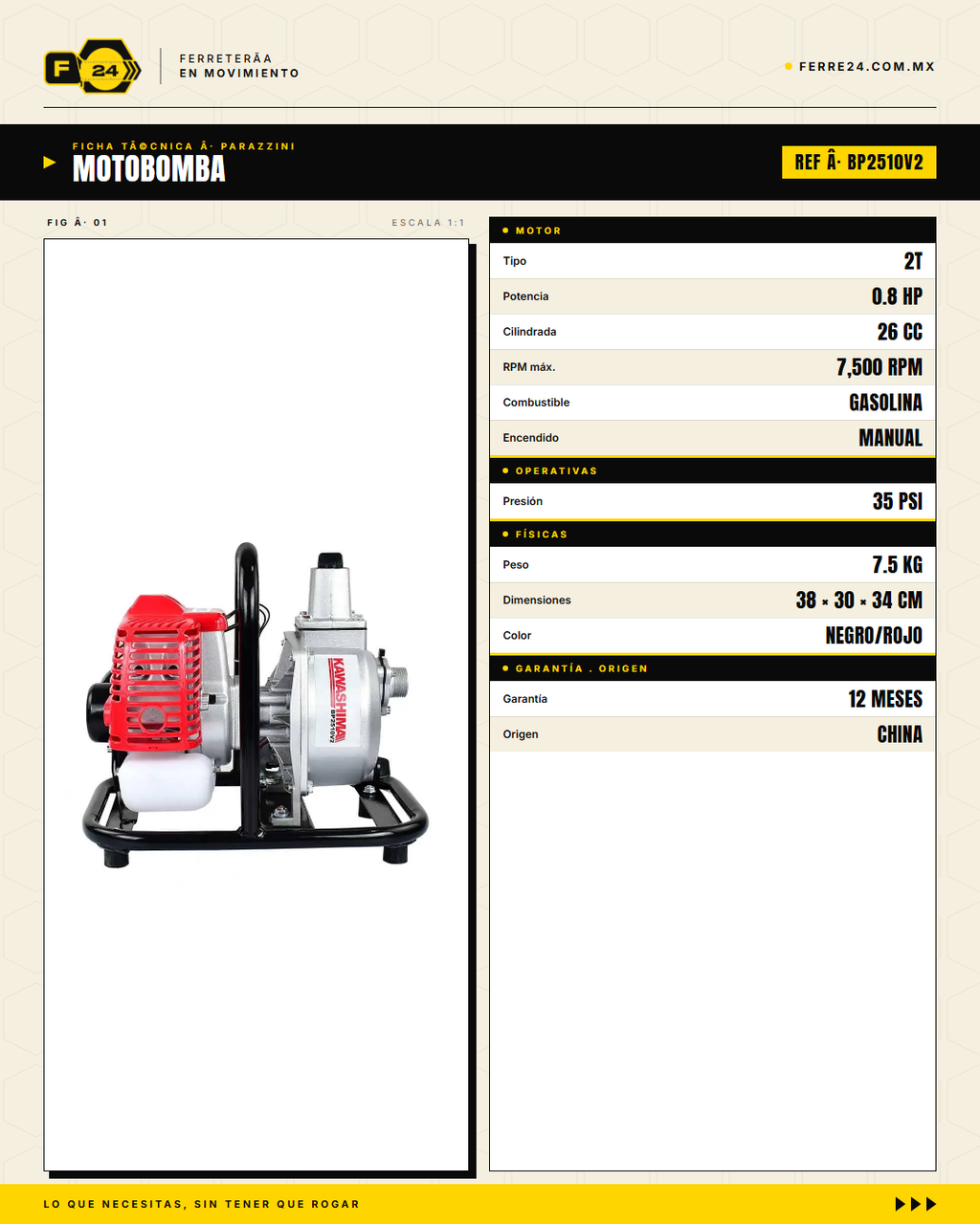 Motobomba Kawashima BP2510V2 — ficha técnica