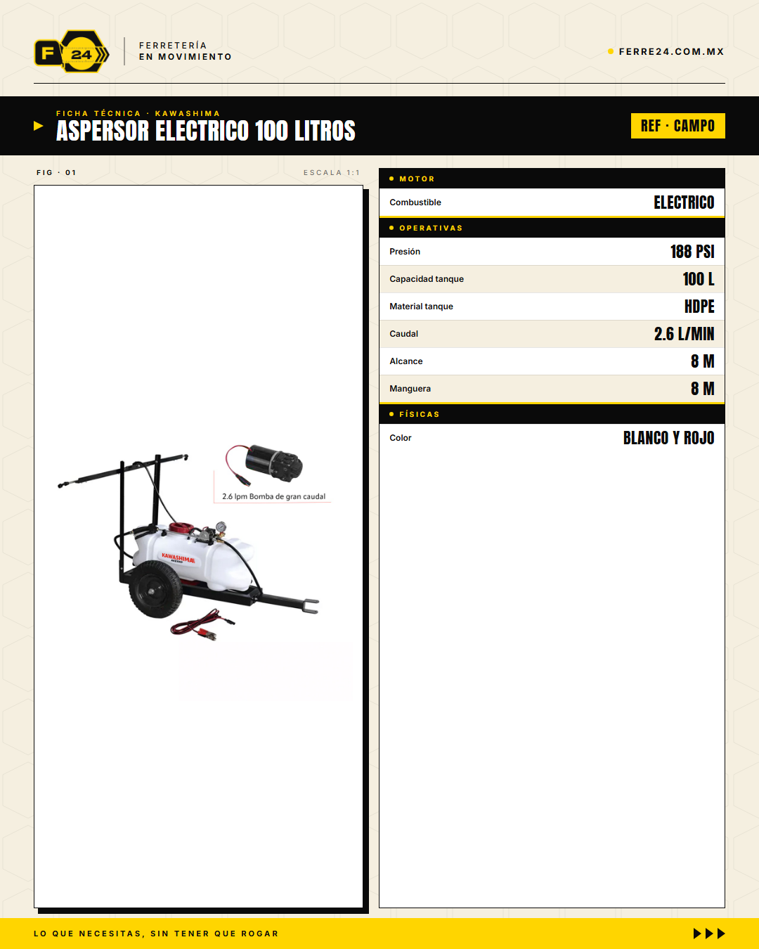 Kawashima ATV-25 — Aspersor Eléctrico 100 Litros. Sin ruido. Sin humo. Sin esfuerzo.