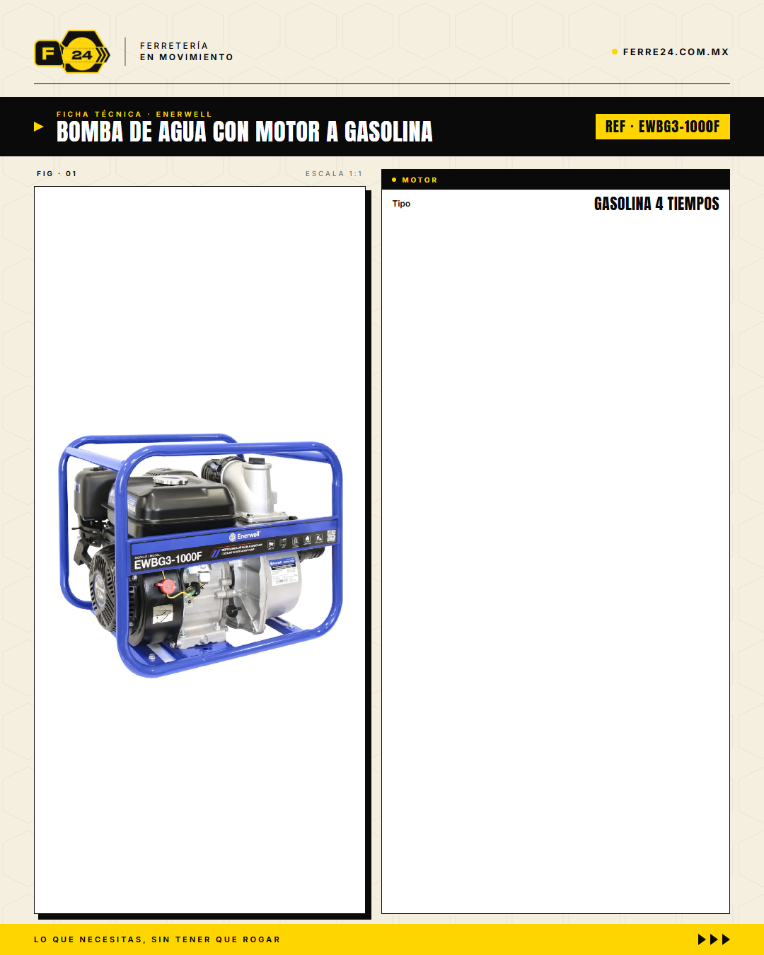 Motobomba ENERWELL 7HP Gasolina Autocebante 3x3 — 1000 GPM · specs