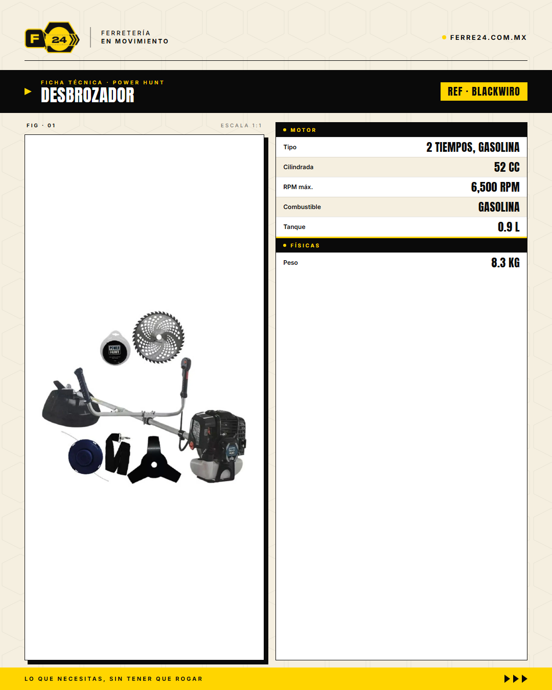 Desbrozadora Power Hunt BLACKWIRO 52 cc — Eje Entero · specs