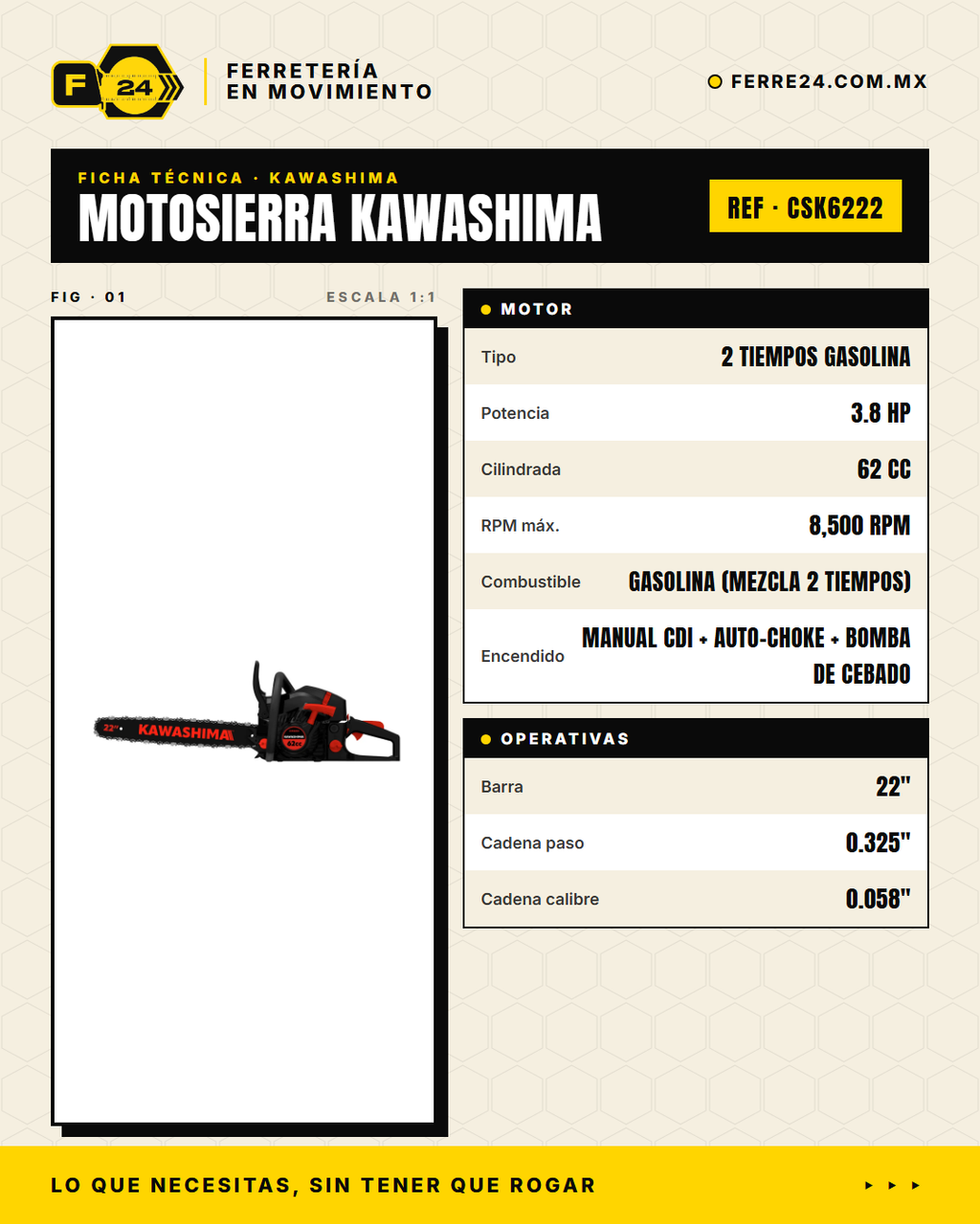 Motosierra Kawashima 62 cc — ficha técnica