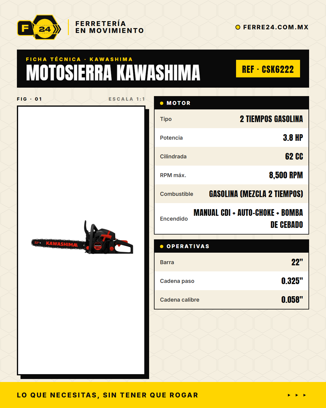 Motosierra Kawashima 62 cc — ficha técnica