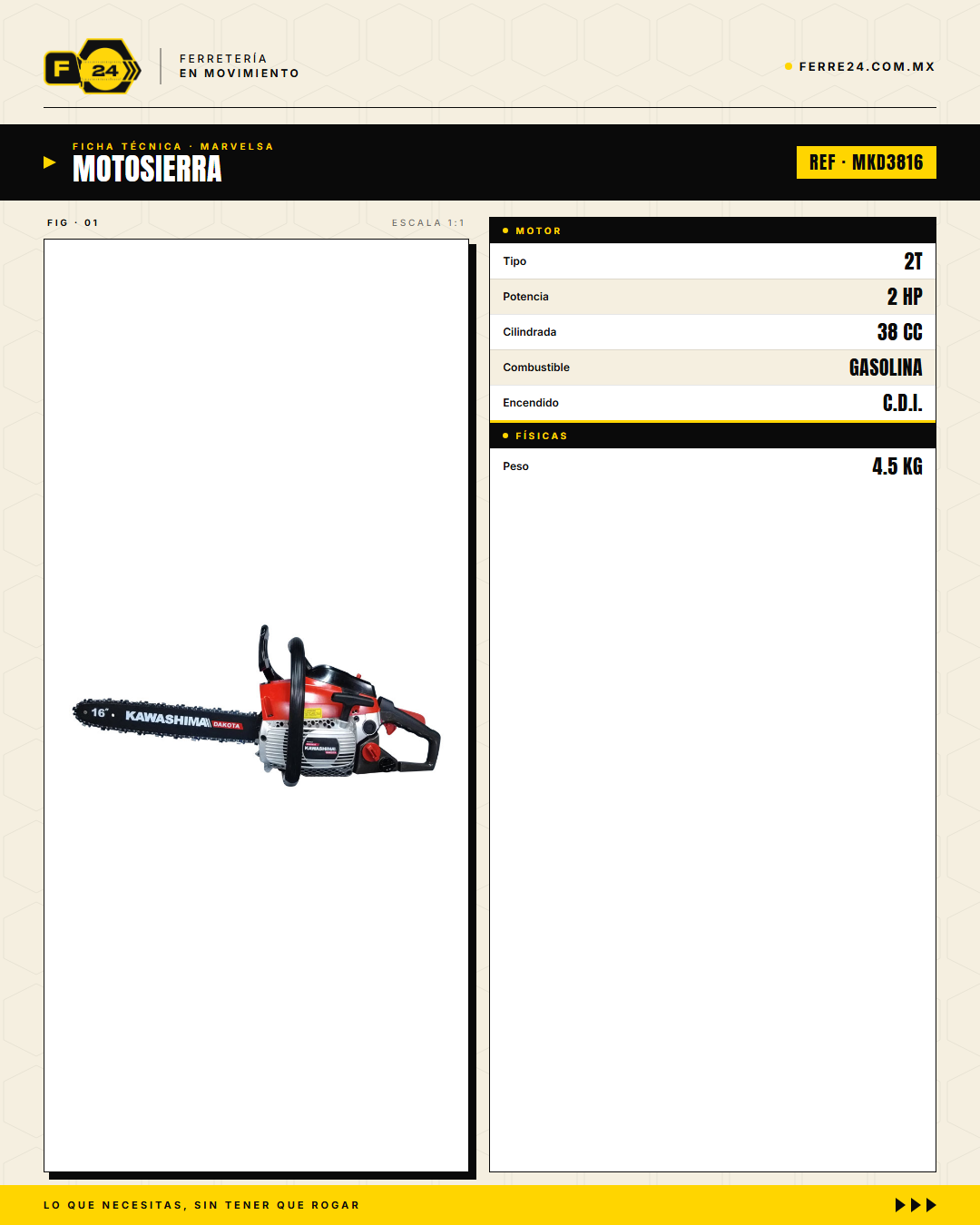 Motosierra Kawashima Dakota 38cc — Barra 16" con Kit Completo · specs
