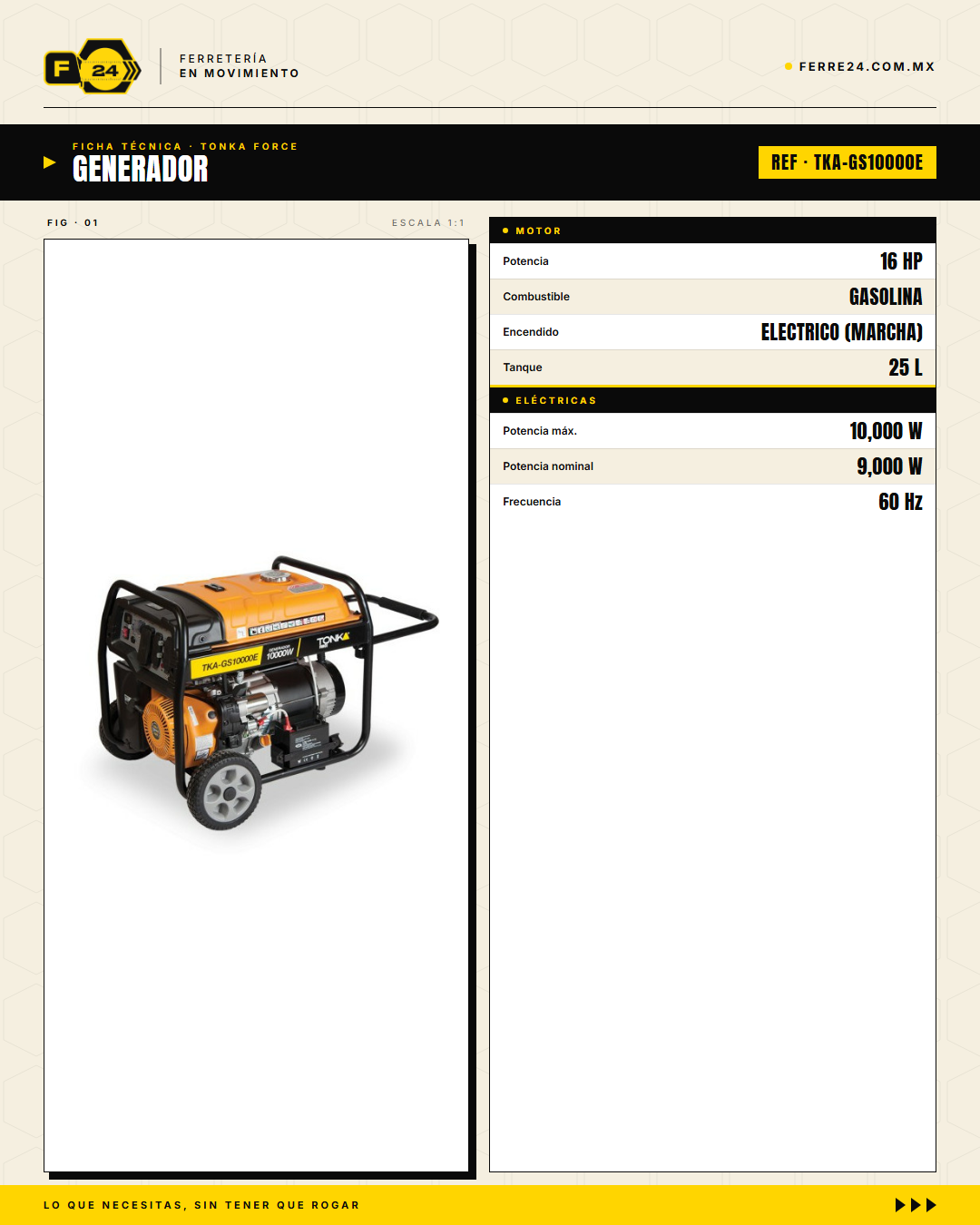 Generador a gasolina Tonka Force 10,000 W 16 HP con marcha y batería · specs