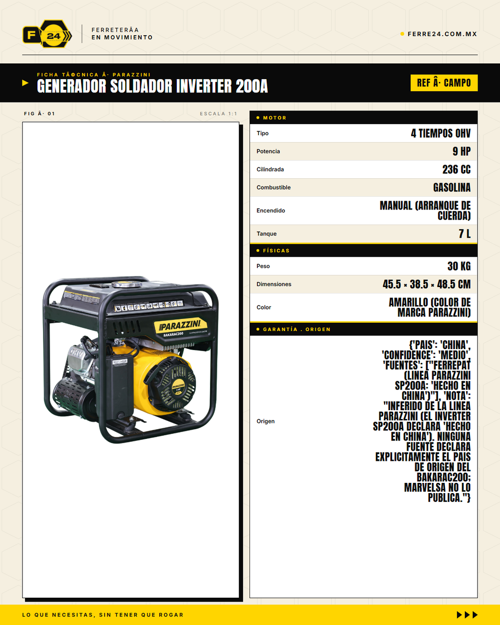 Generador Soldador BAKARAC200 — ficha técnica