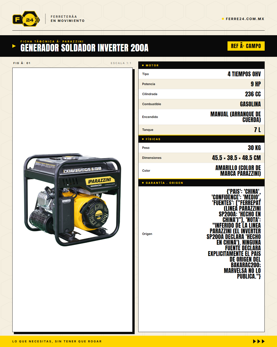 Generador Soldador BAKARAC200 — ficha técnica