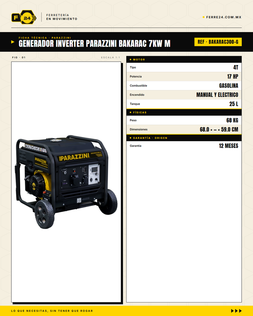Generador-Soldador Inverter Parazzini BAKARAC300-G — 7.7 kW · 17 HP Gasolina · specs