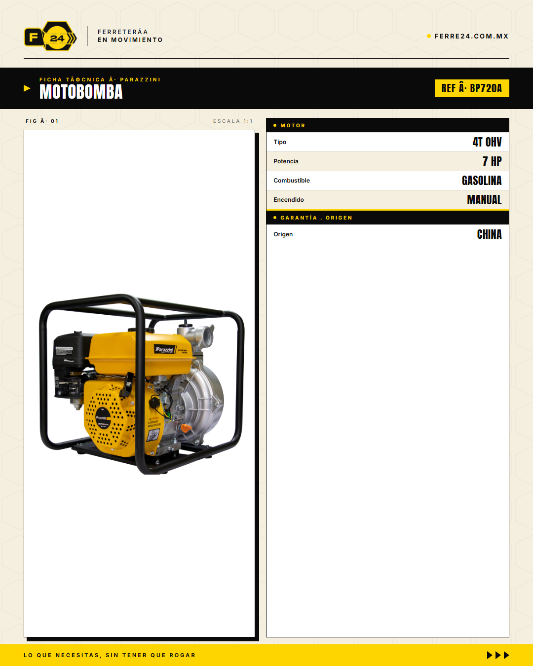 Motobomba Parazzini BP720A — 7 HP 2", 4 Tiempos OHV Gasolina · specs
