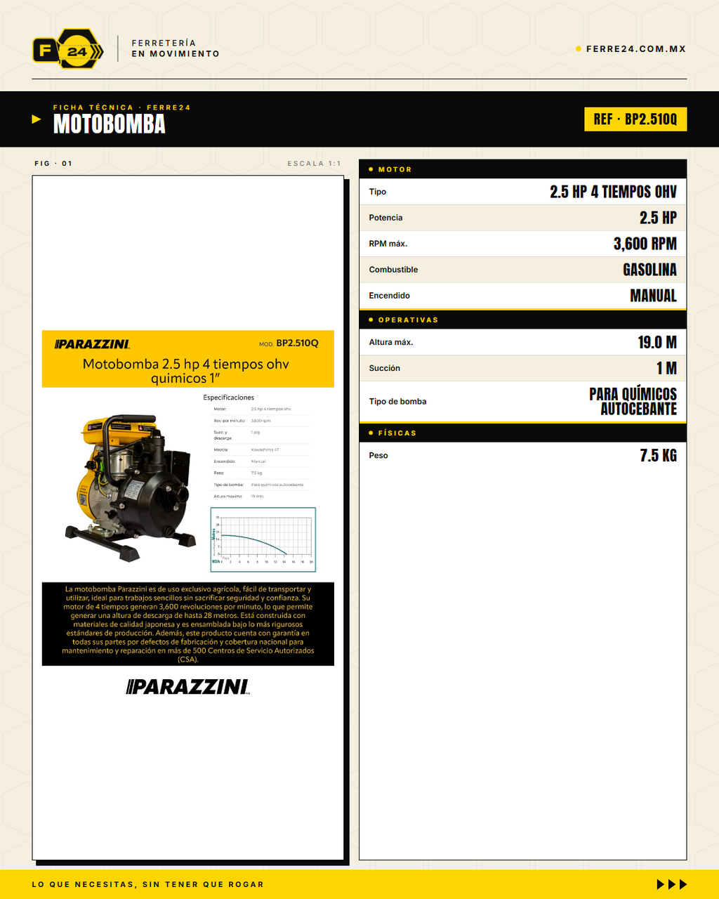 Motobomba para Químicos 2.5 HP — 1", Autocebante · specs