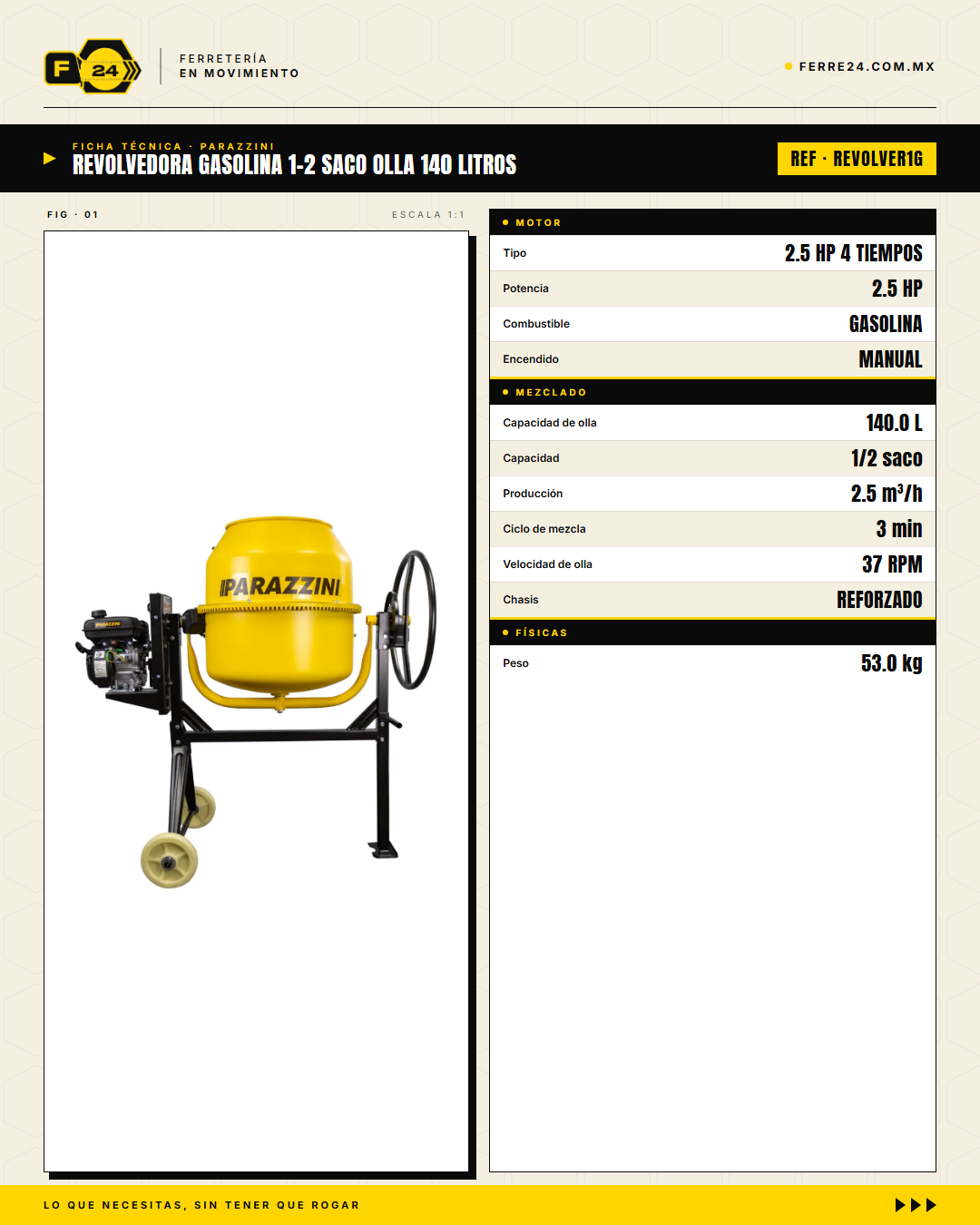 Revolvedora a Gasolina ½ Saco — Olla de 140 L, 2.5 m³/h · specs