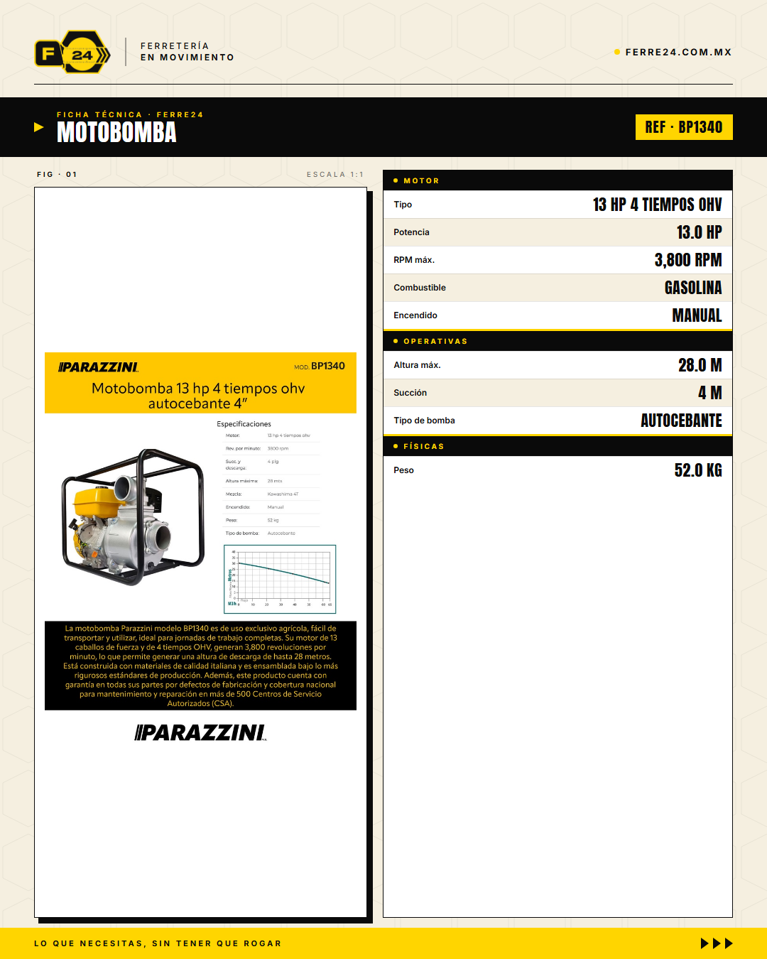 Motobomba Autocebante 13 HP — 4", Alto Caudal · specs