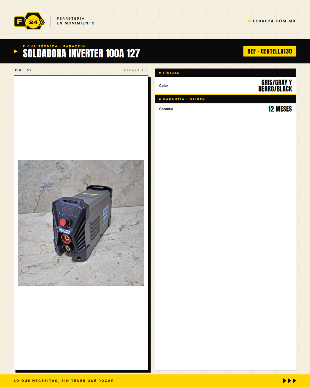 Soldadora inverter compacta Power Hunt CENTELLA130: conecta en 127V (toma de pared casera) o 220V (taller industrial). Hasta 120A de potencia, ciclo de trabajo 85%, tecnología inverter = peso ligero y menor consumo. Respaldada por Marvelsa y 500+ Centros · specs
