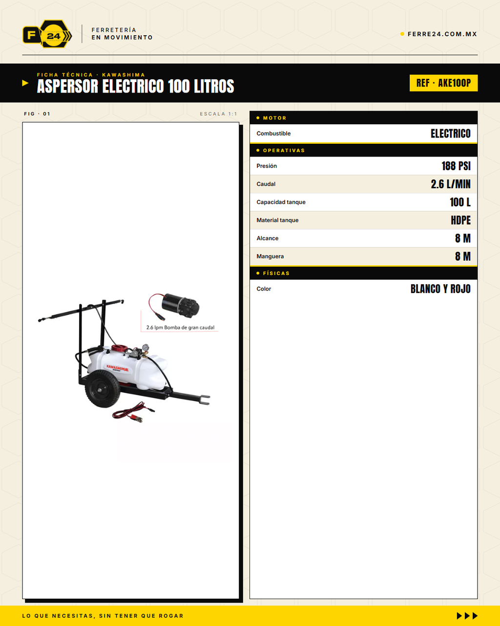 Kawashima AKE100P — Aspersor Eléctrico de Remolque 100 L · specs