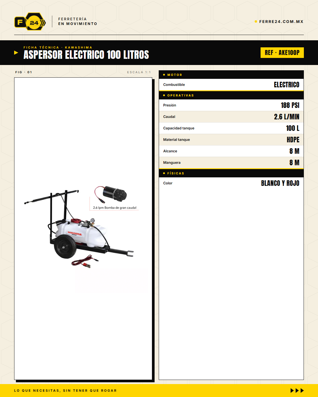 Kawashima AKE100P — Aspersor Eléctrico de Remolque 100 L · specs