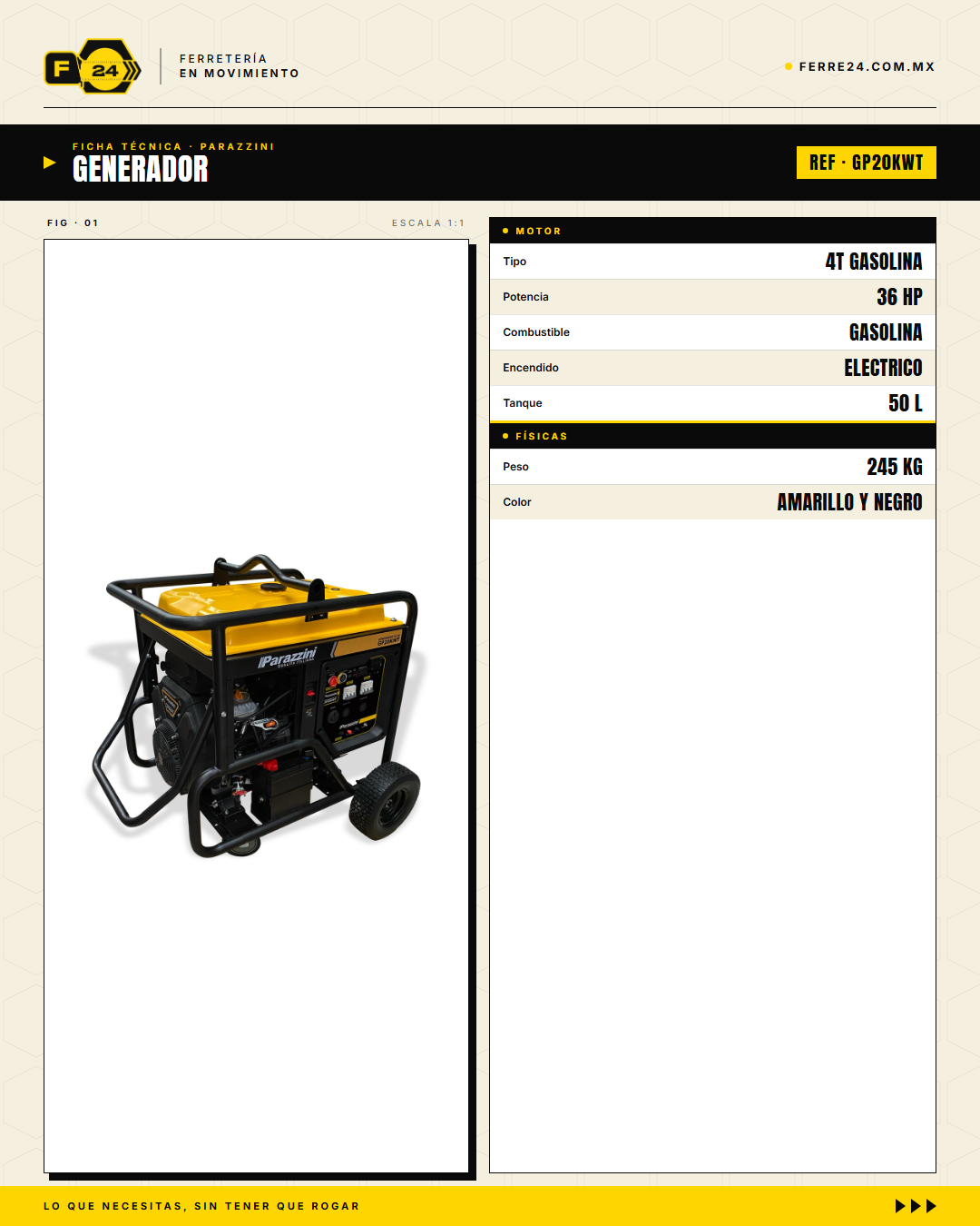 Generador Parazzini 20 kW Gasolina V-Twin 36 HP — GP20KWT · specs