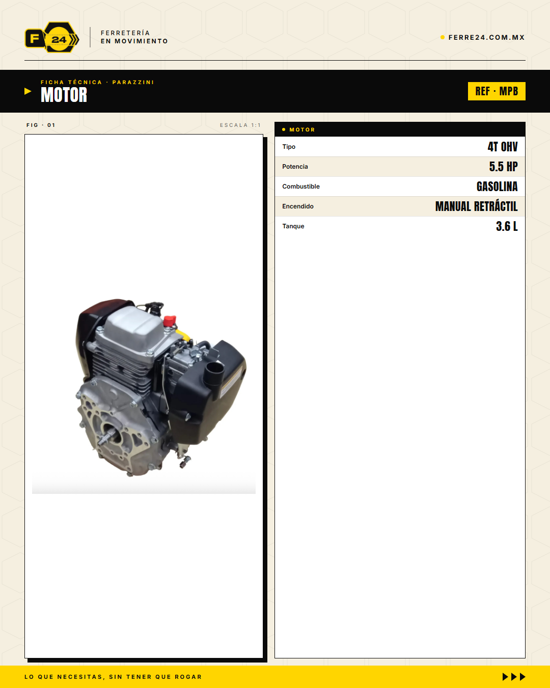 Motor 5.5 HP 4 Tiempos Parazzini MPB — Repuesto Original para Bailarina PBH160 y PBL · specs