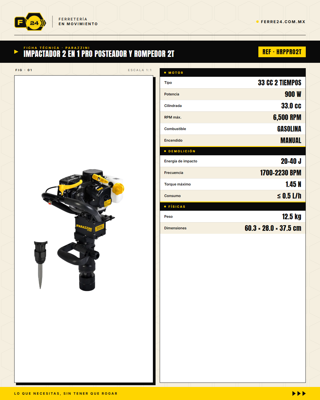 Impactador 2 en 1 a Gasolina — Posteador y Rompedor, 33 cc · specs
