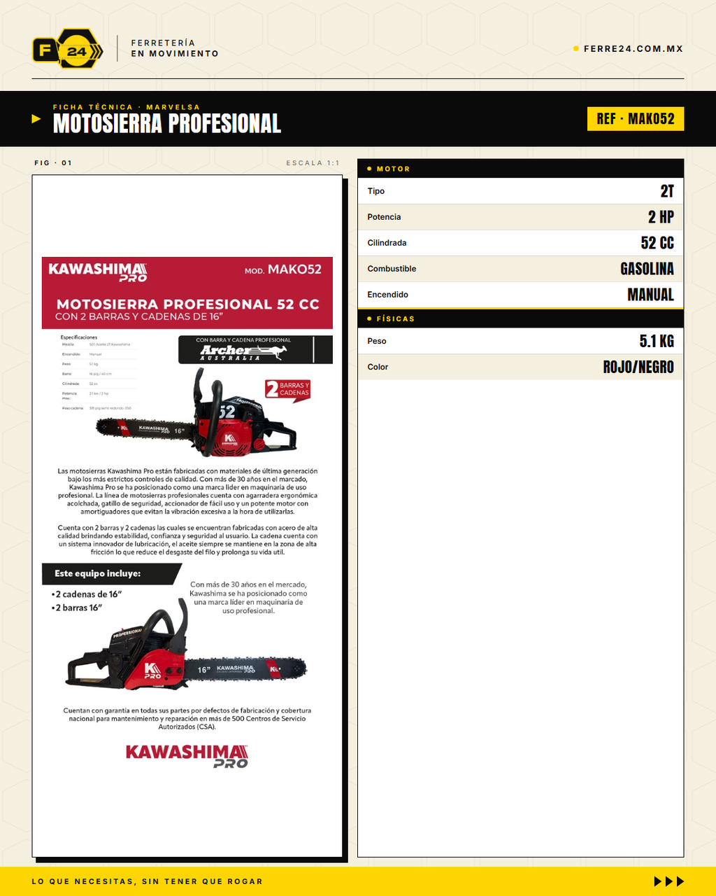 Motosierra Kawashima Pro 52cc — 2 Barras + 2 Cadenas Oregon Incluidas · specs
