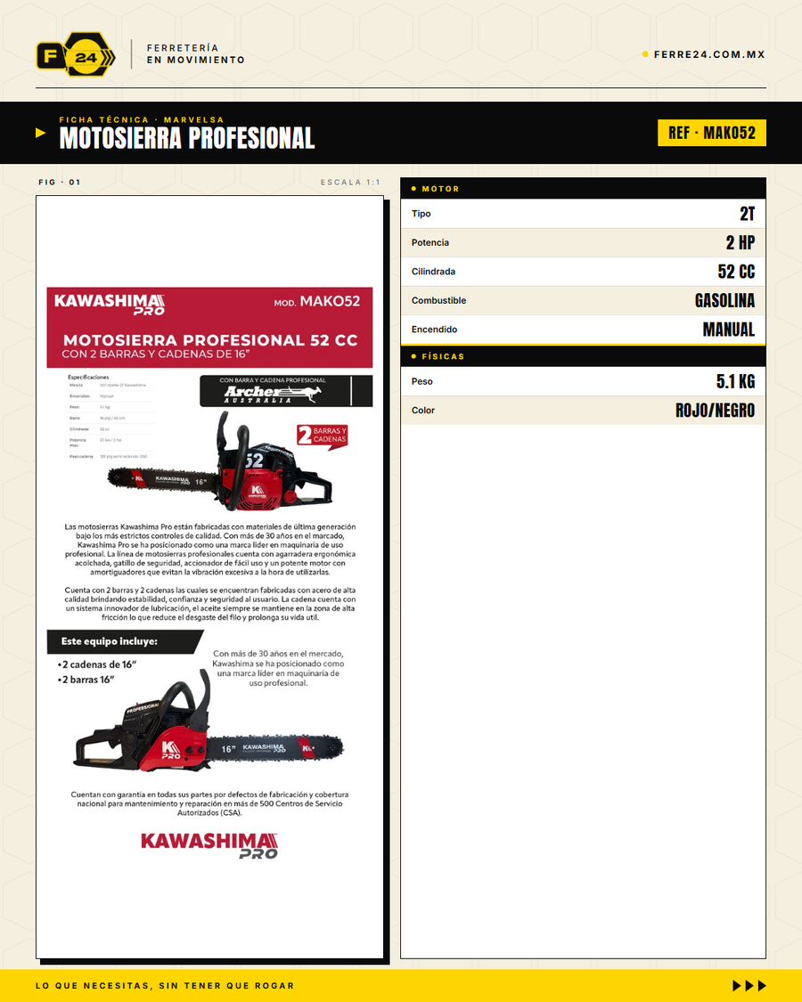 Motosierra Kawashima Pro 52cc — 2 Barras + 2 Cadenas Oregon Incluidas · specs