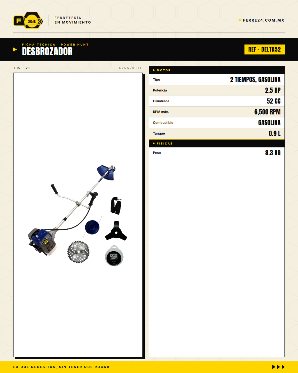 Desbrozadora Power Hunt DELTA52 52 cc — Con Cuchilla de Fábrica · specs