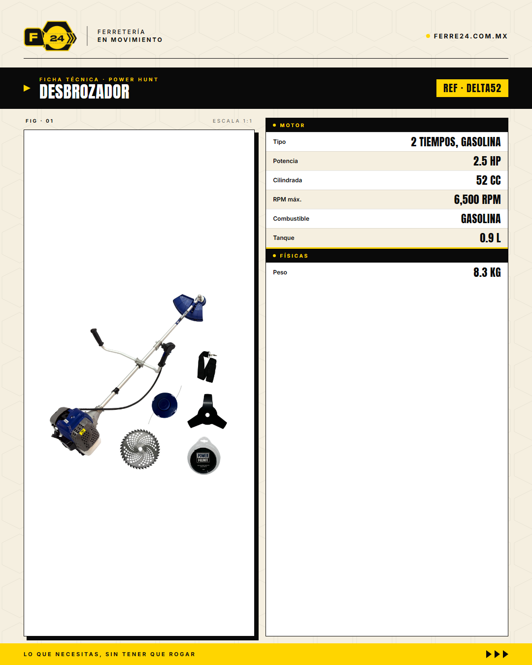 Desbrozadora Power Hunt DELTA52 52 cc — Con Cuchilla de Fábrica · specs