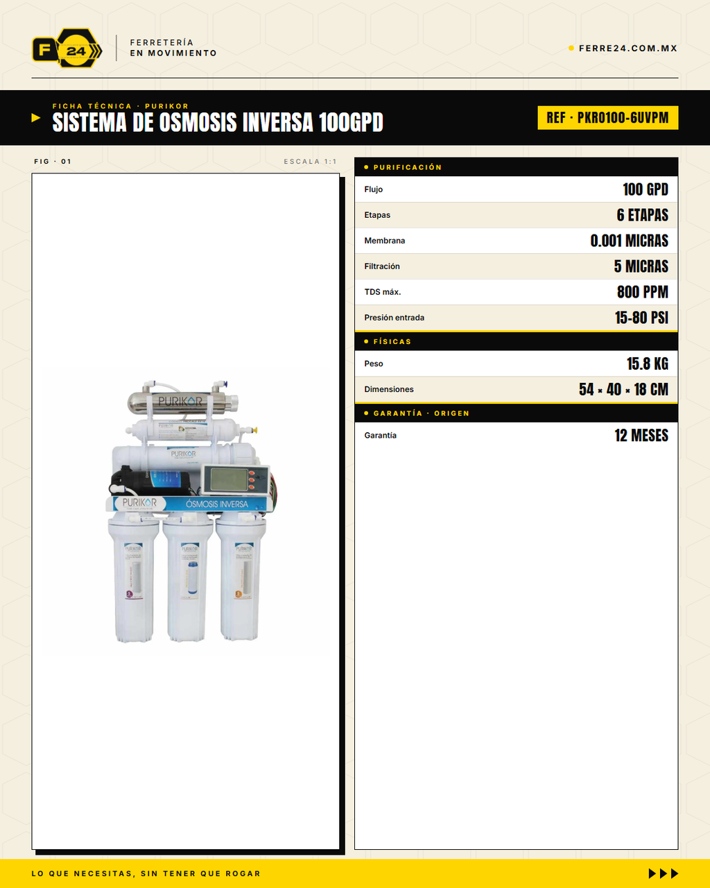 Sistema de Ósmosis Inversa 6 Etapas con UV y Bomba PURIKOR 100 GPD · specs