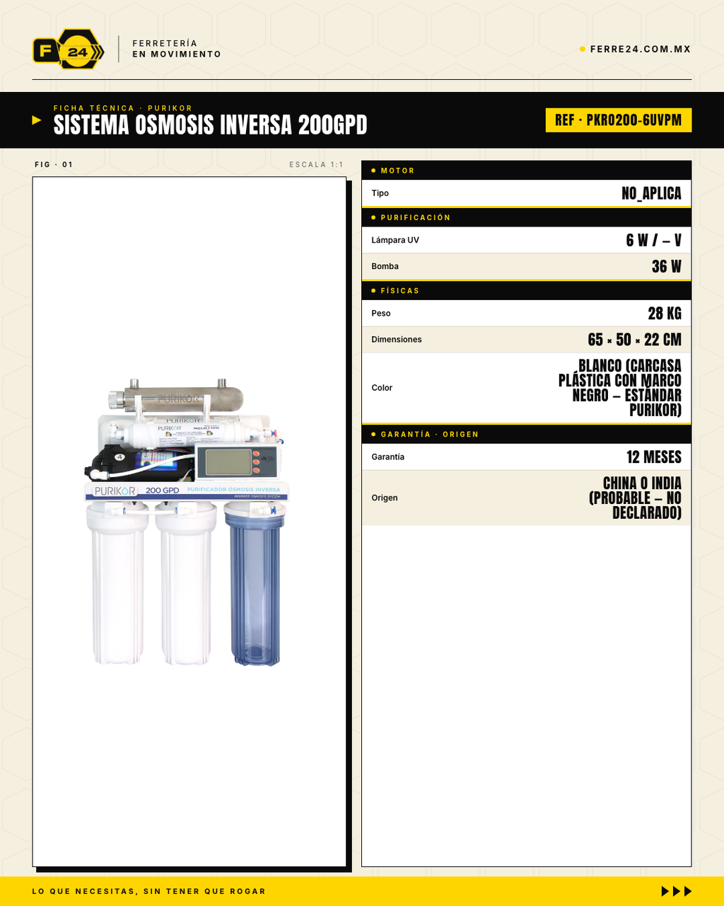 Sistema de Ósmosis Inversa 6 Etapas + UV — 200 GPD PURIKOR · specs