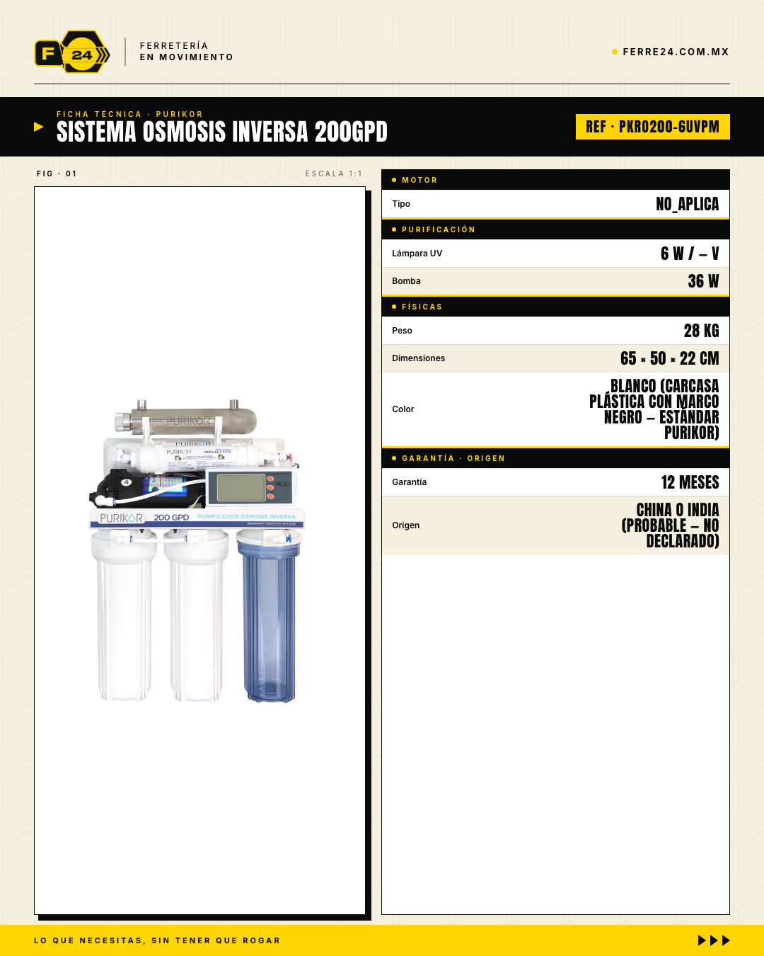 Sistema de Ósmosis Inversa 6 Etapas + UV — 200 GPD PURIKOR · specs