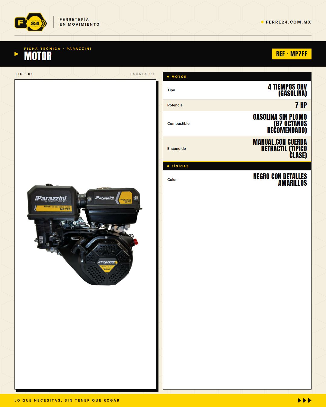 Motor Parazzini 7 HP 4 Tiempos — Doble Filtro de Aire para Obra y Campo · specs