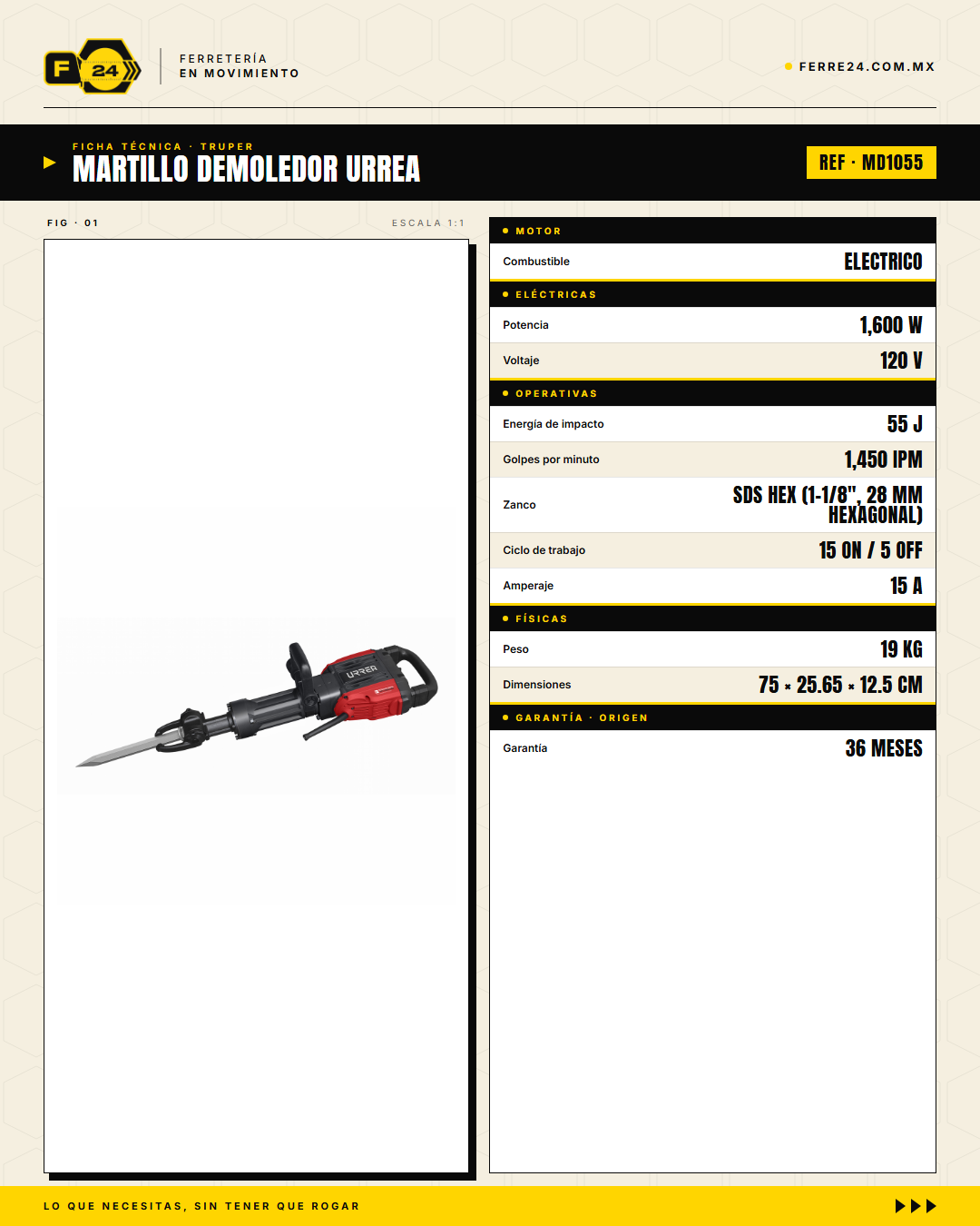 Martillo Demoledor Urrea MD1055 1600W 55J Anti-Vibración · specs