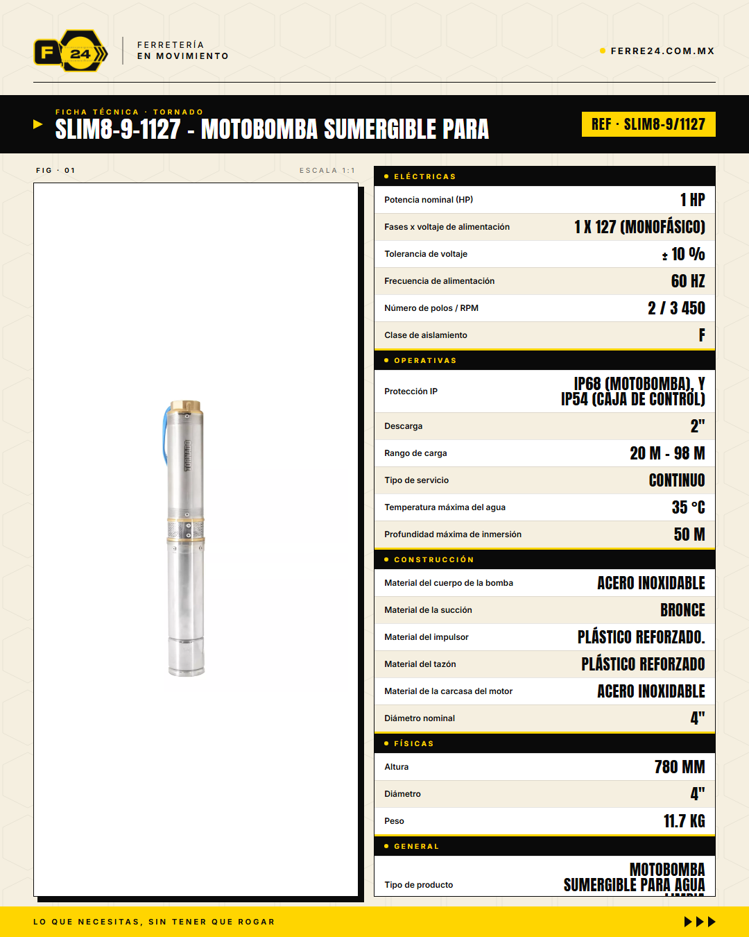 Motobomba Sumergible TORNADO SLIM 1 HP - Pozo Profundo hasta 98 m · specs