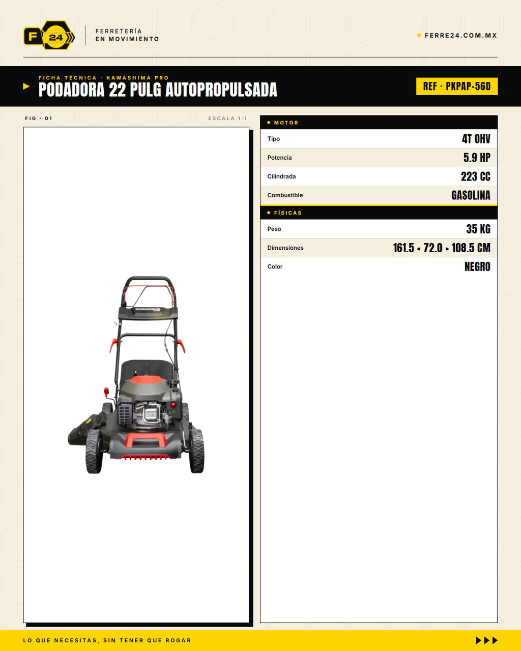 Podadora Autopropulsada 22" 223cc 3 en 1 - Kawashima Pro · specs
