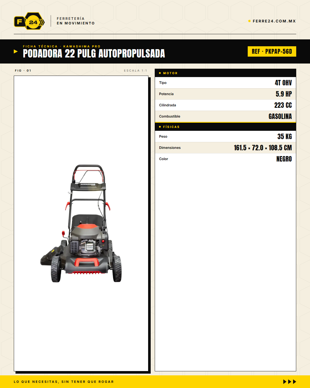 Podadora Autopropulsada 22" 223cc 3 en 1 - Kawashima Pro · specs