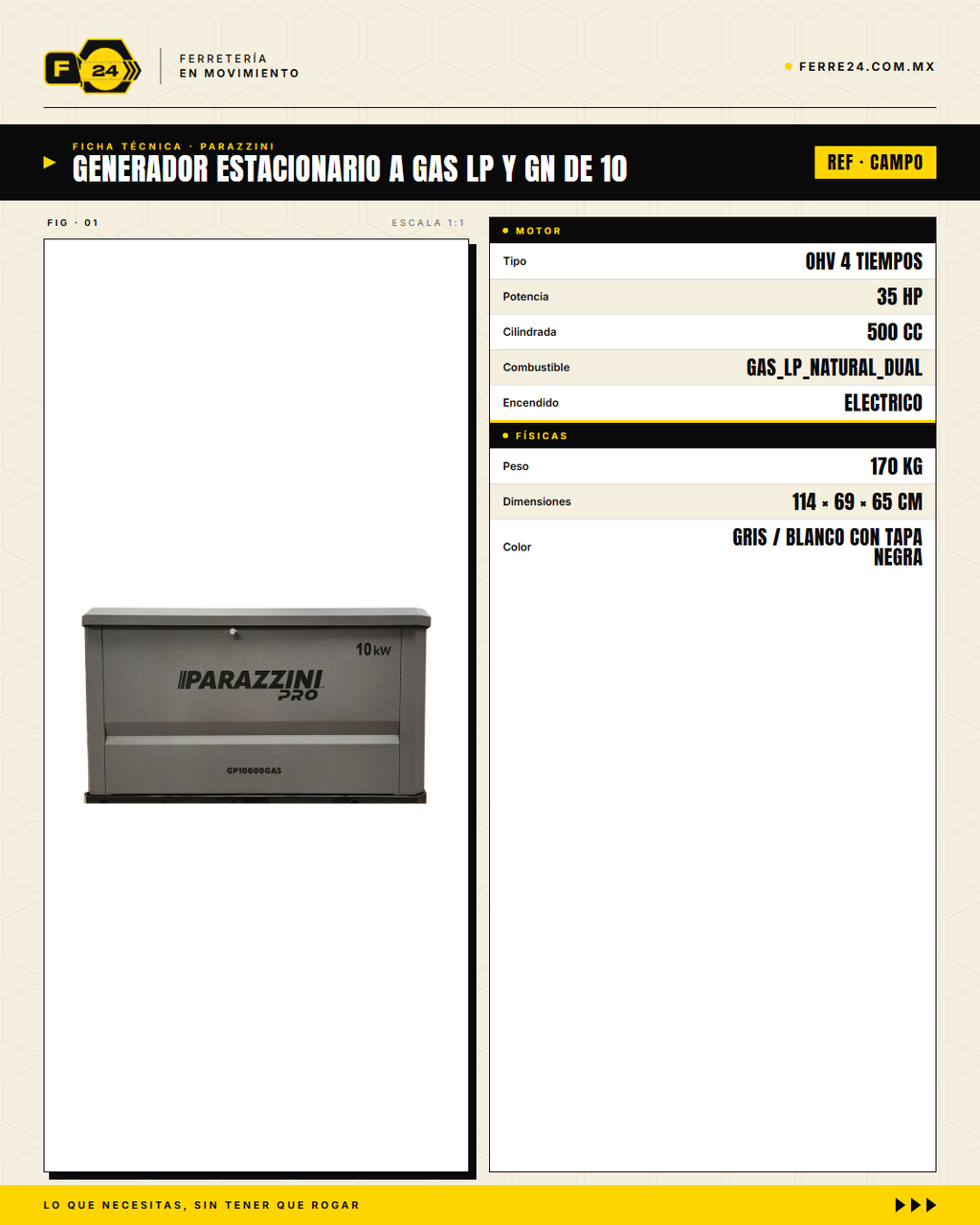 Generador estacionario trifásico 10 kW — gas LP/GN, ATS automático · specs