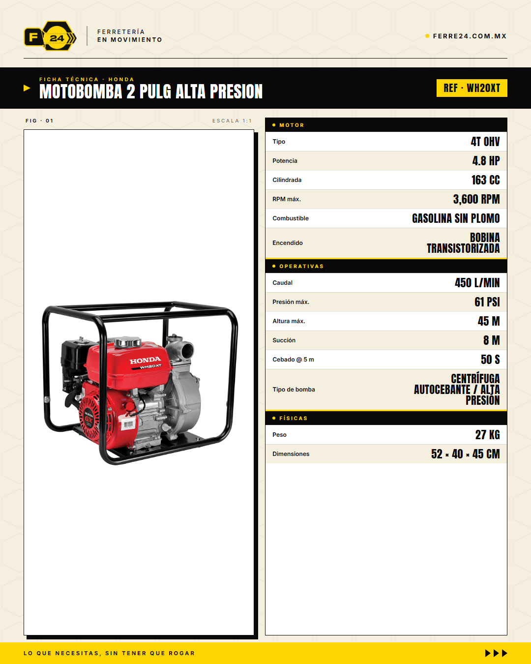 Motobomba Honda WH20XT 2" Alta Presión — Motor GX160 Autocebante · specs