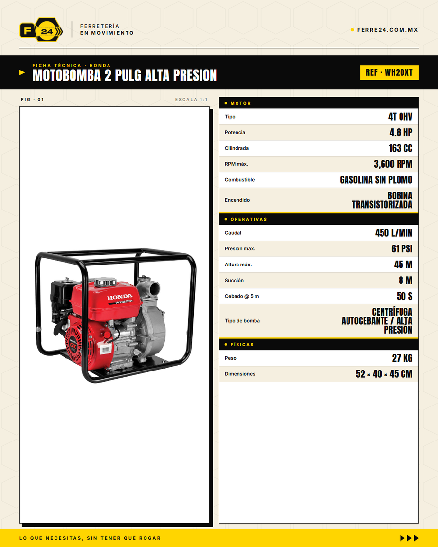 Motobomba Honda WH20XT 2" Alta Presión — Motor GX160 Autocebante · specs