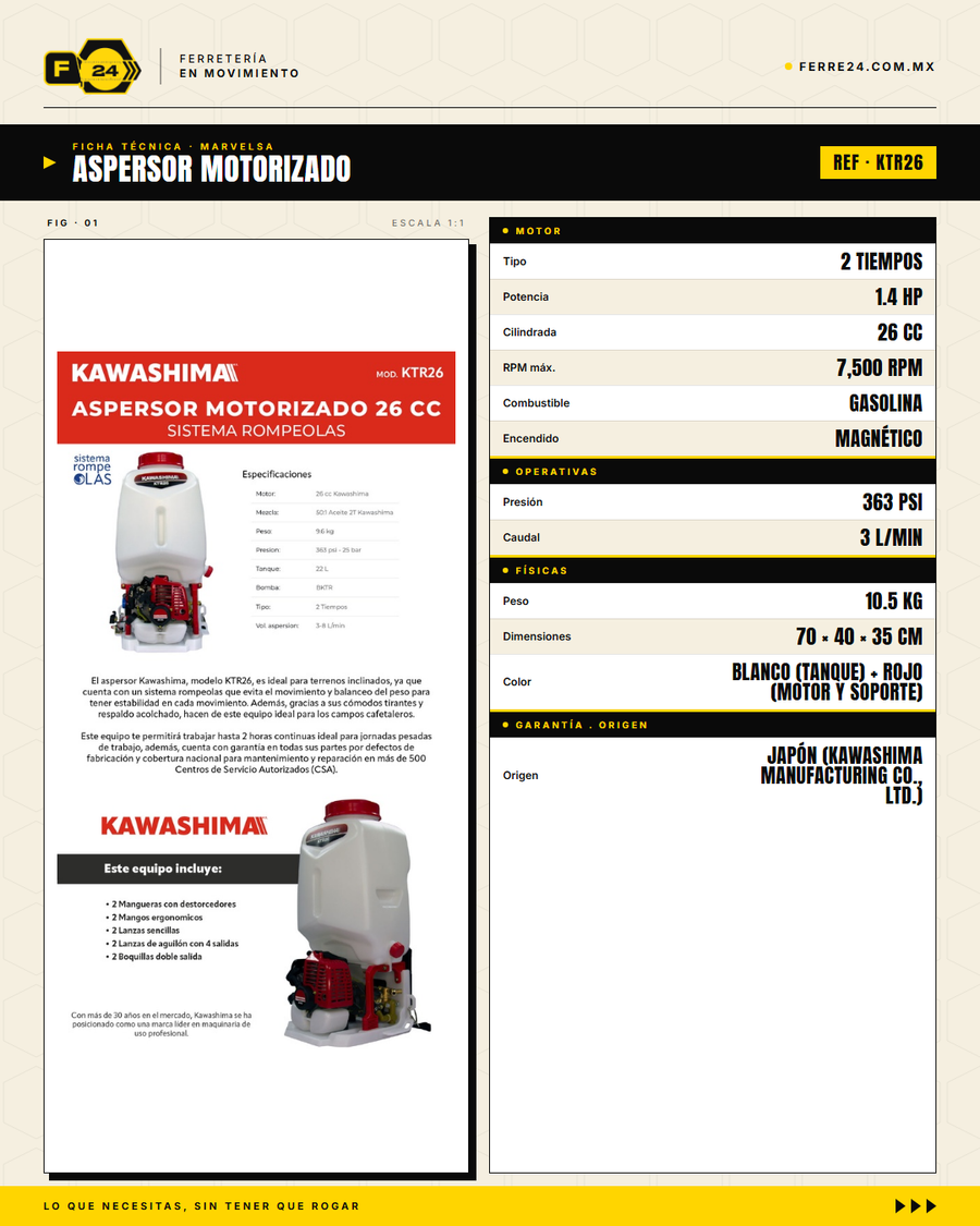 Kawashima KTR26 — Aspersor Motorizado 26 cc con Bomba Rompeolas y Tanque 22 L · specs